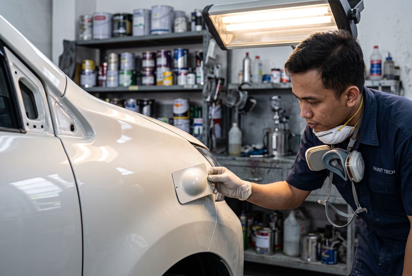 Pencocokan warna cat mobil: plat uji dibandingkan dengan fender di bawah lampu daylight